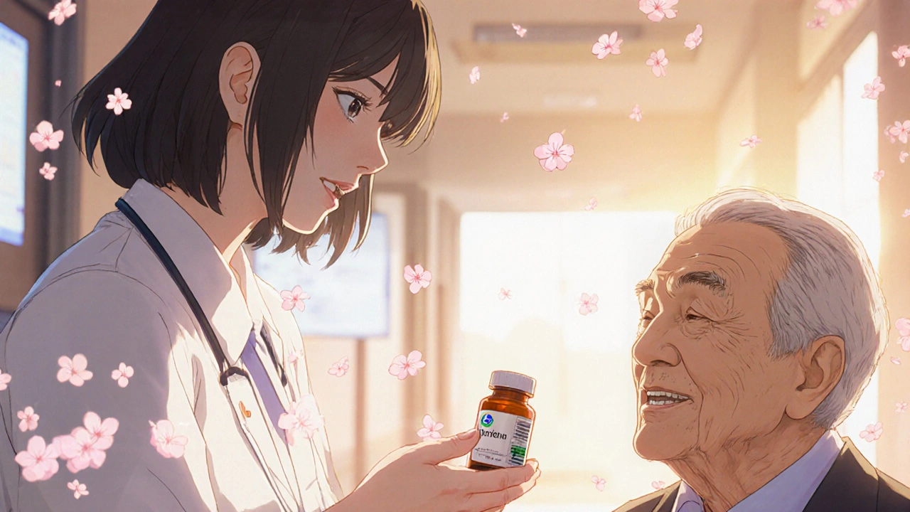 A pharmacist gives a pill bottle to an elderly patient in a sunlit hospital hallway with cherry blossoms.