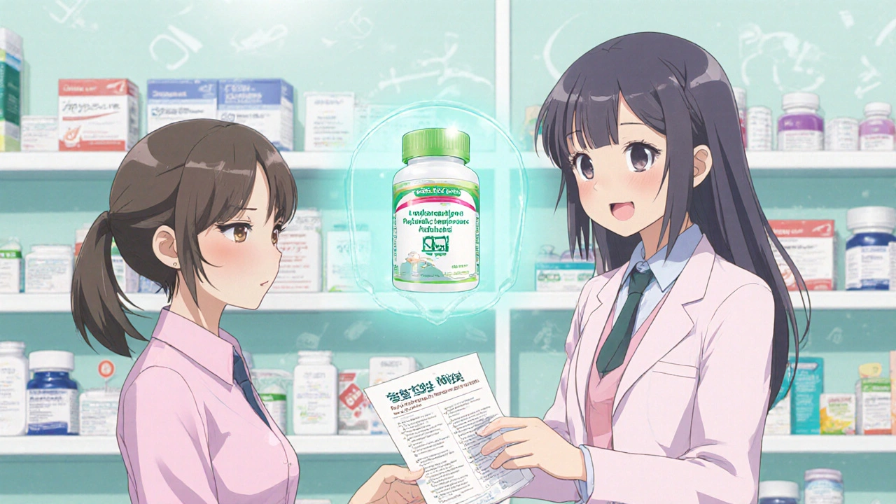 A pharmacist handing a side effect guide to a patient in a brightly lit pharmacy.