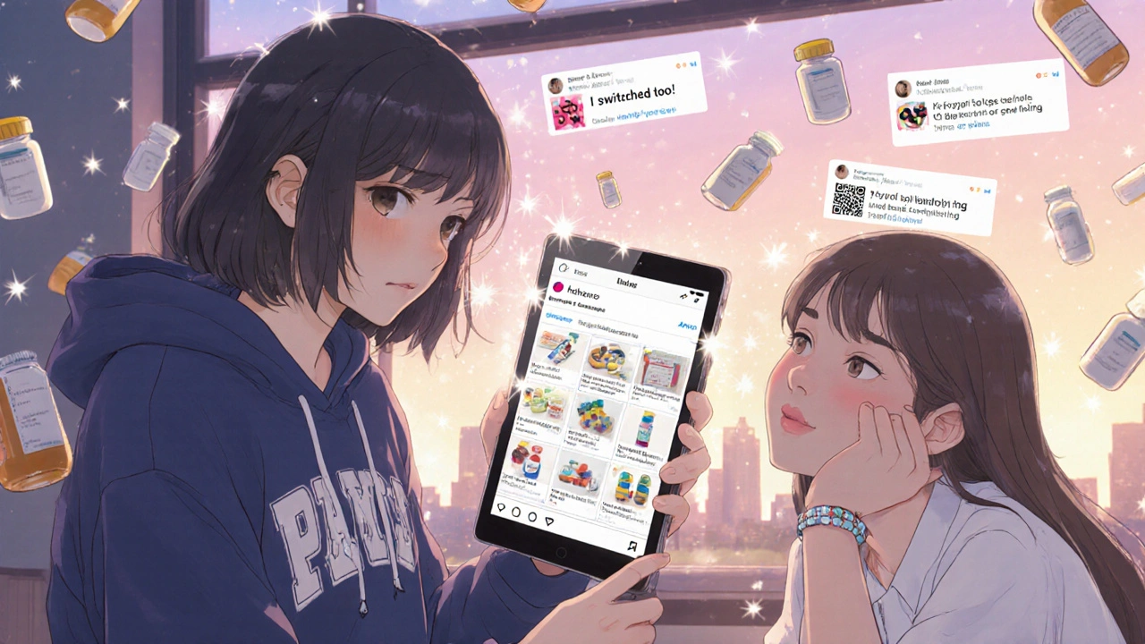 A pharmacy student films a post with a patient, colorful drug comparison graphics glowing on a tablet screen.