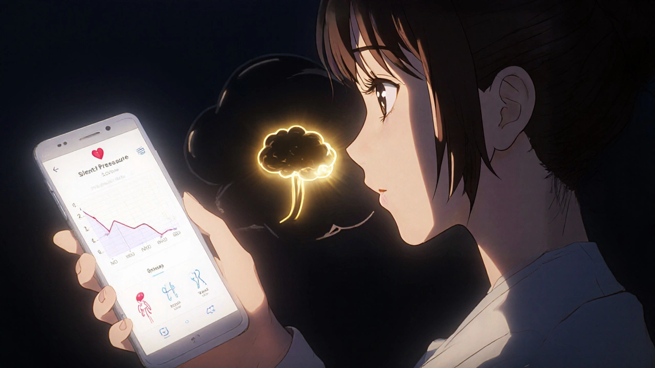 A woman&#039;s hand with a blood pressure app showing improvement, pushing away a dark threat with golden light.