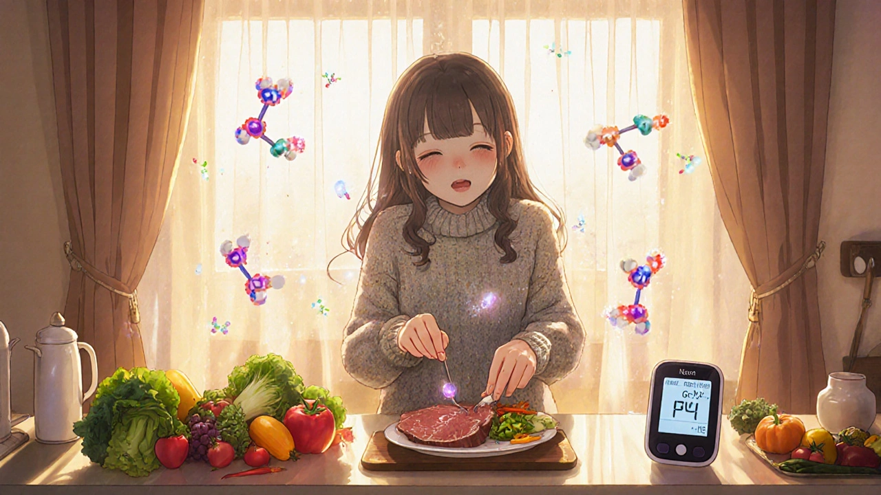 A woman prepares a healthy meal with a normal blood glucose reading, glowing hormone particles floating around her.