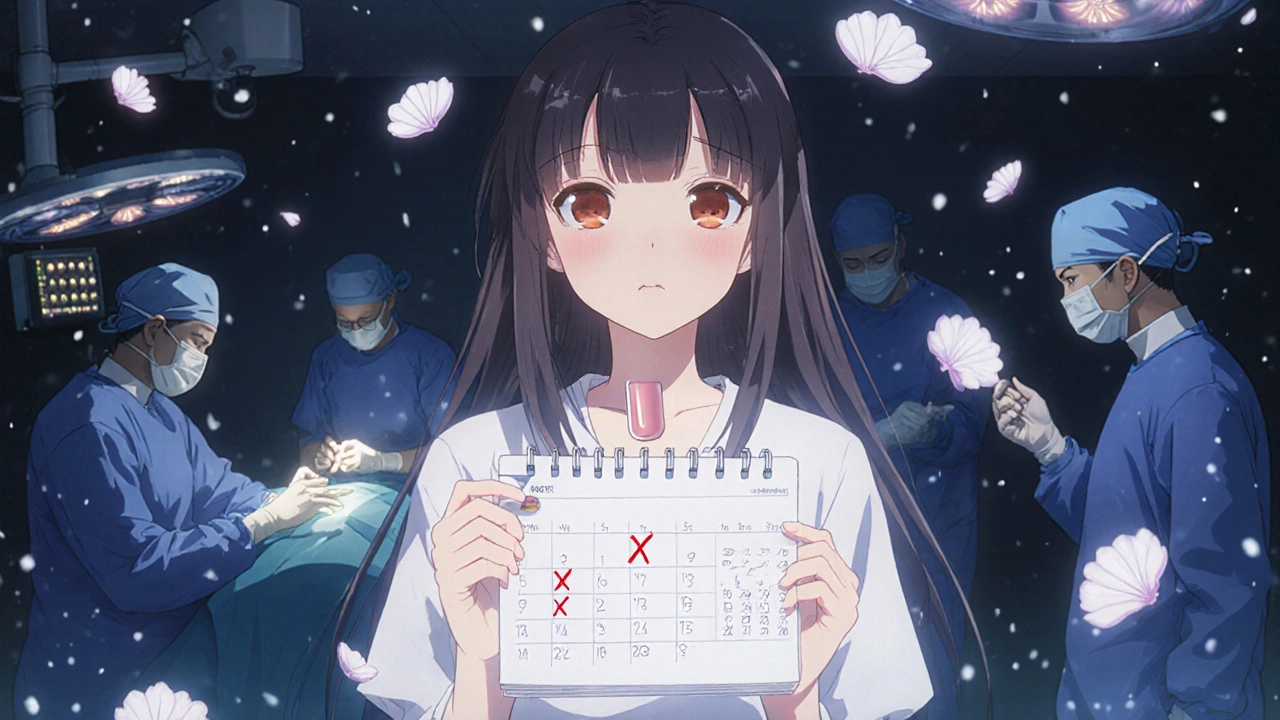 A woman standing before surgery with a calendar marked for seven days and a garlic pill.