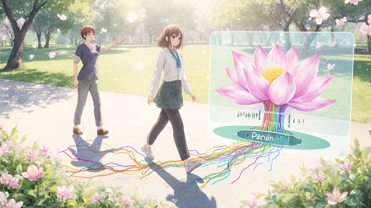 A woman walks through a park as her pain volume knob dims, with neural pathways blooming like flowers around her feet.