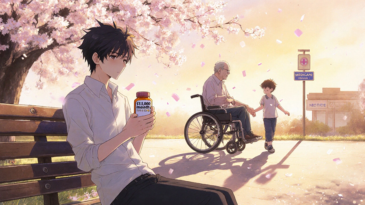 A young man on a park bench holding an expensive pill bottle, his shadow showing two versions of himself — one sick, one walking with a child.
