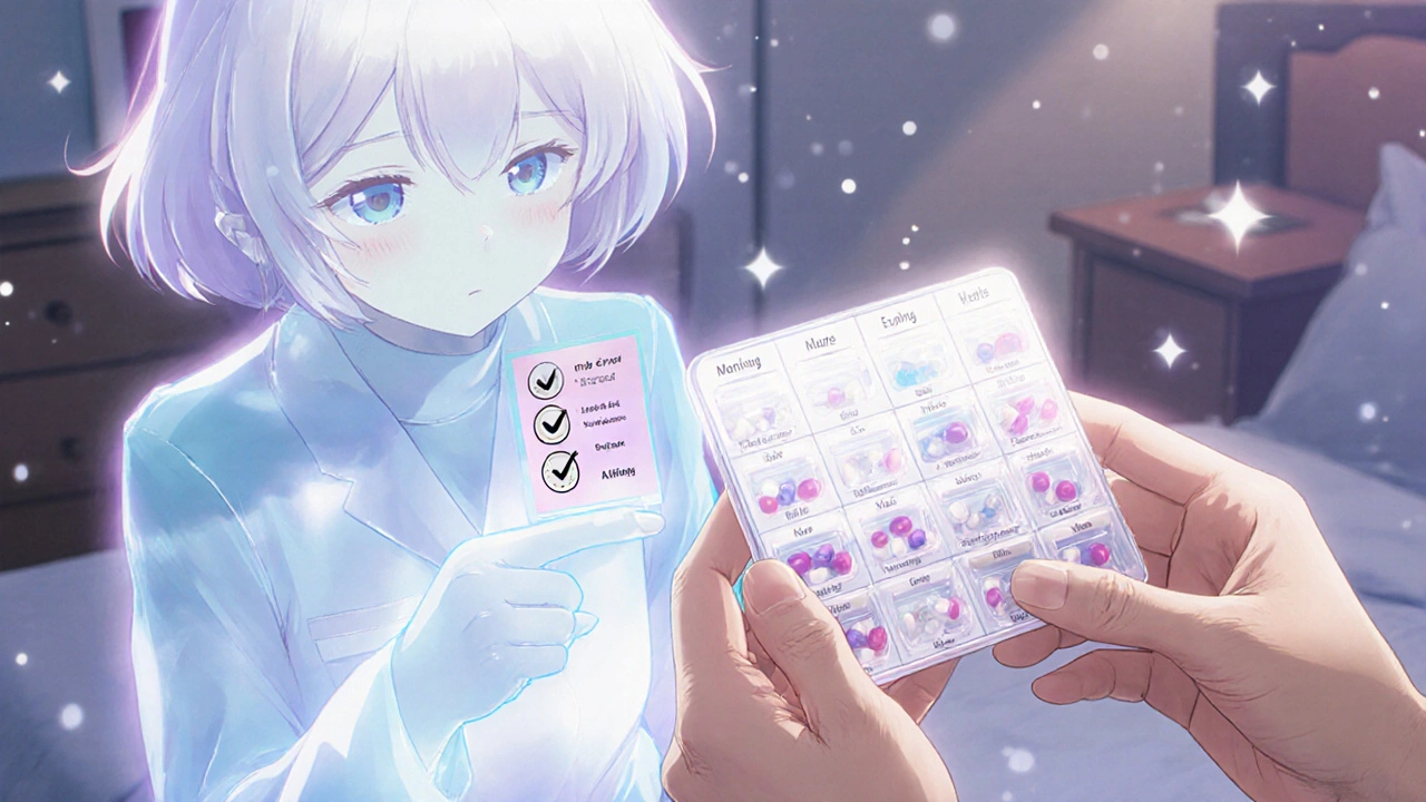 An elderly woman&#039;s hand places pills in a daily organizer, with a ghostly pharmacist guiding her with a floating checklist.