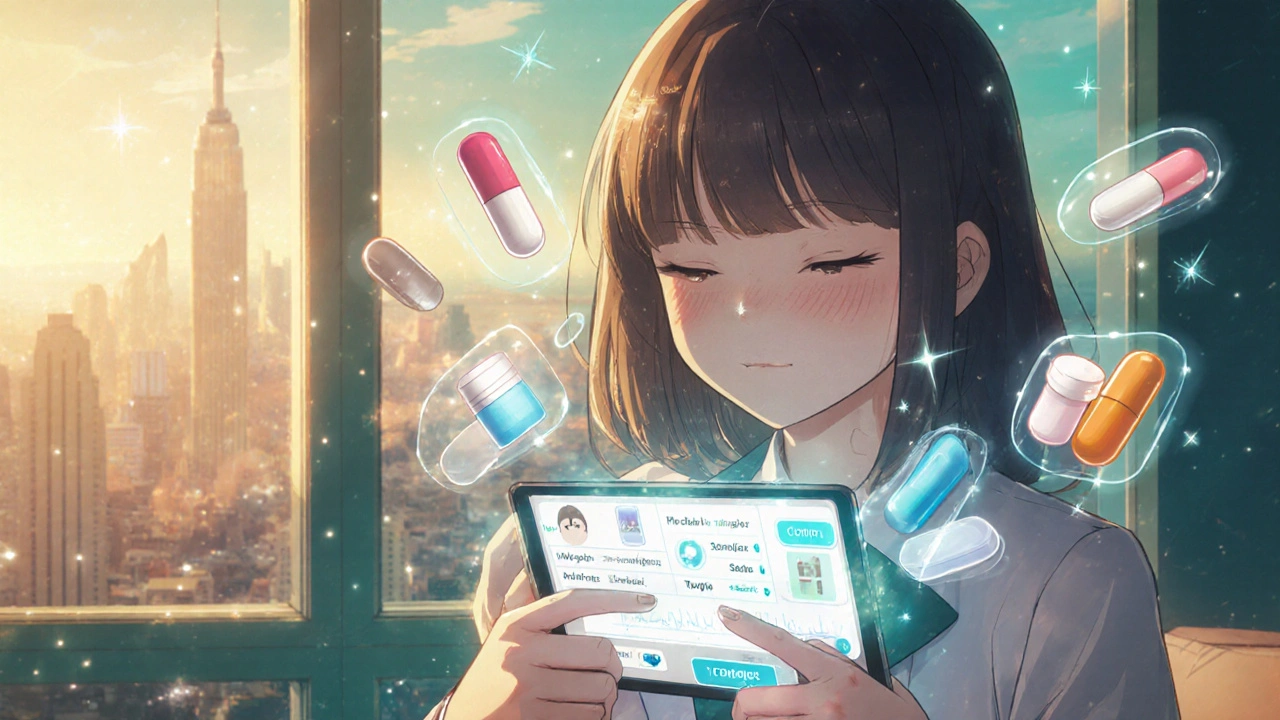 Anime girl using a pharmacy app with floating generic pills and digital health icons.