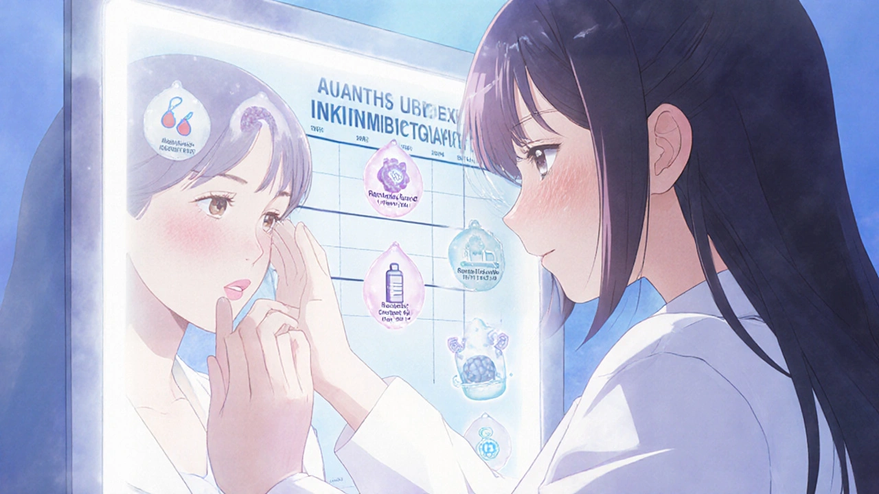 Dermatologist comforting patient as healing symbols glow around them during acne recovery.