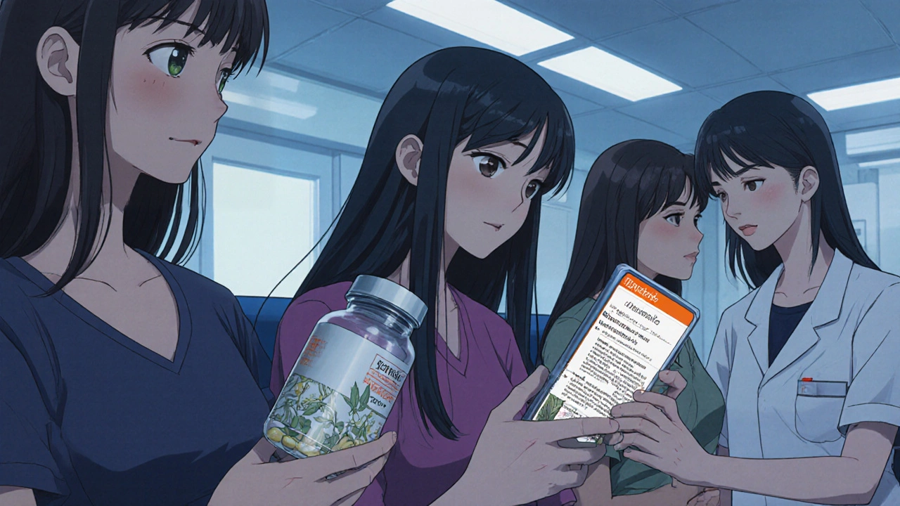 Diverse pregnant women in a clinic, one holding unmarked supplements, another on her phone, nurse nearby.