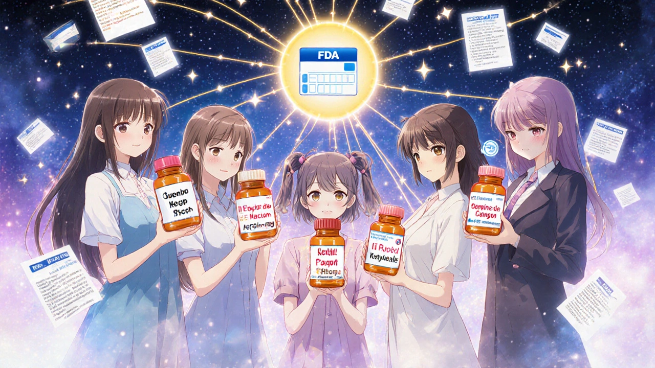 Diverse women connected by golden threads to a central FDA database, holding generic pill bottles in a glowing digital space.