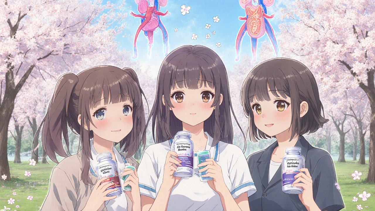 Diverse women holding different blood pressure medication bottles in a park with blooming cherry blossoms.