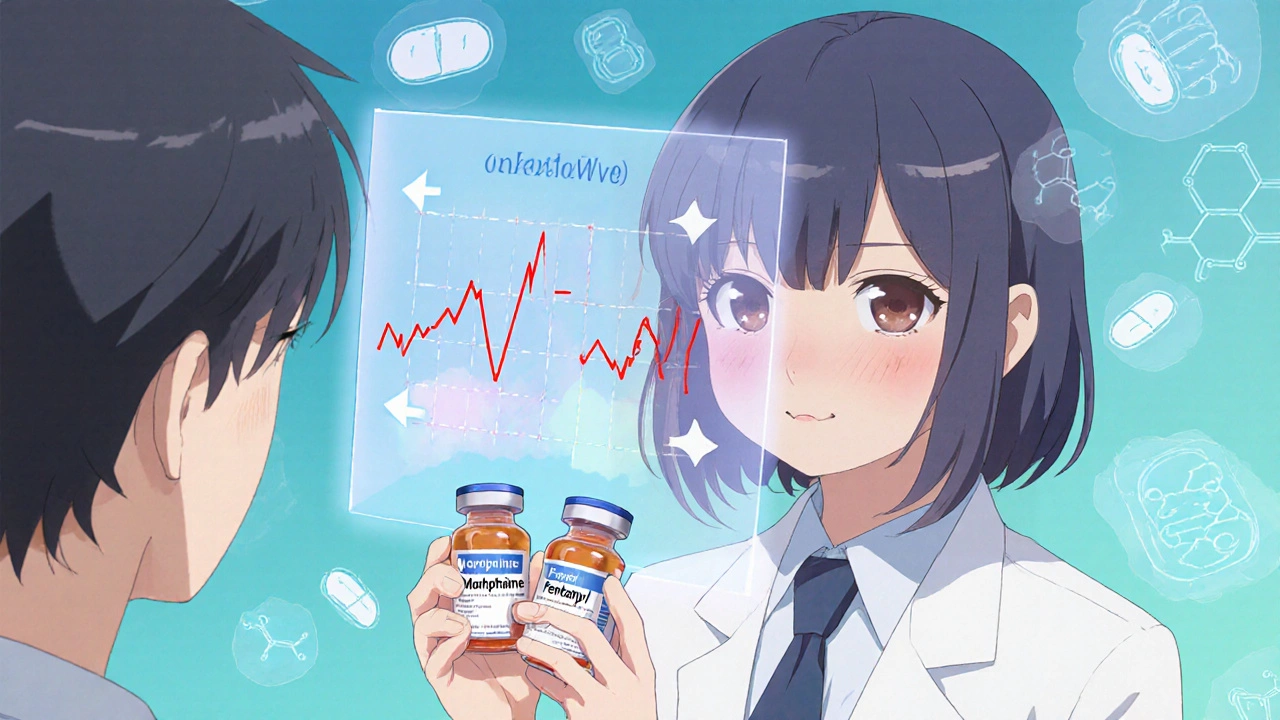 Doctor showing morphine and fentanyl vials with visual comparison of histamine release.