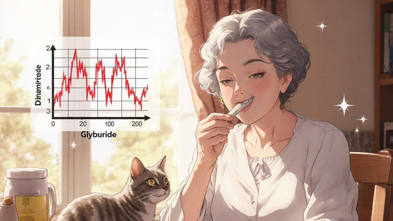 Elderly woman taking glipizide at breakfast with stable blood sugar graph above her.