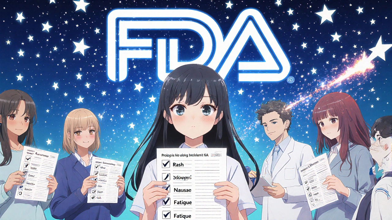 Group of patients holding glowing side effect reports, with FDA logo transforming into stars above them.