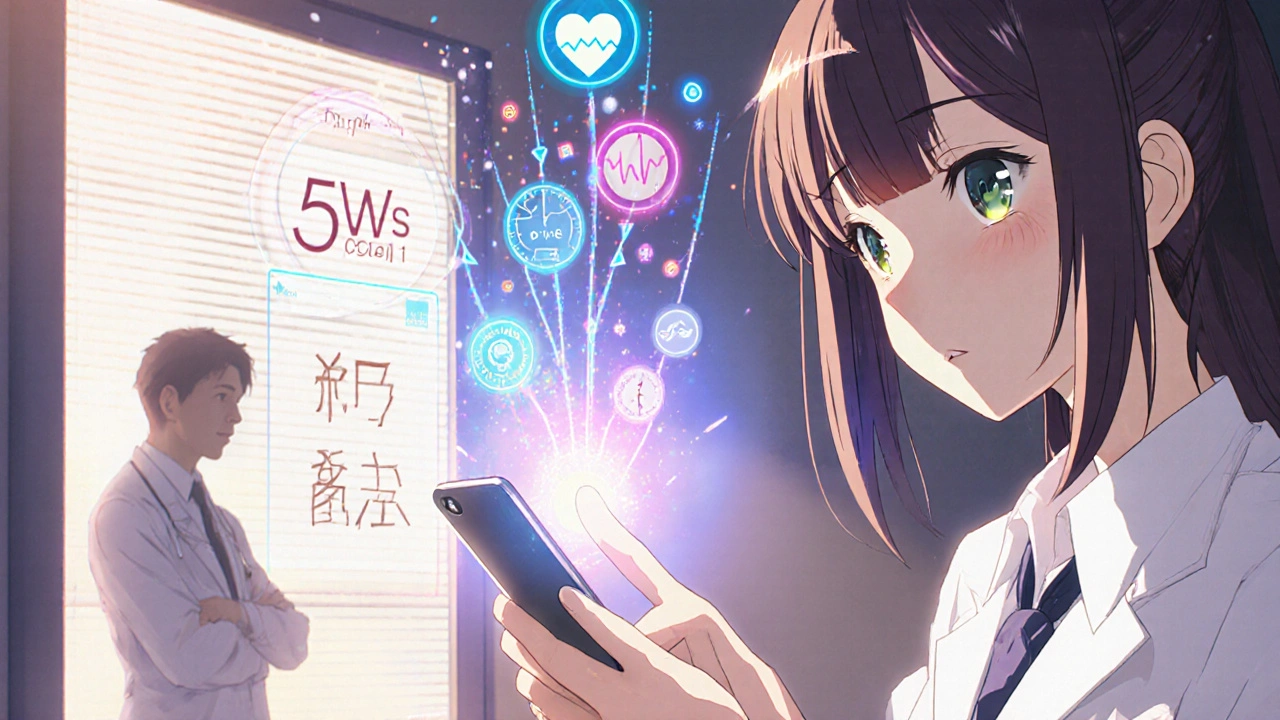 Hand using MedEffect app with glowing symptom data streams and 5 Ws framework visible in anime style.