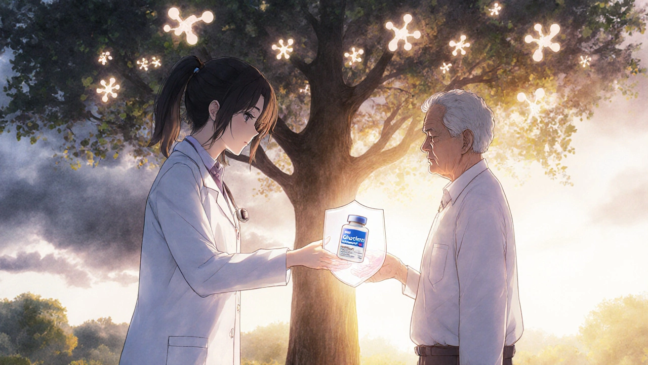 Medical student giving extended-release glipizide tablet to patient under a glowing insulin-tree.