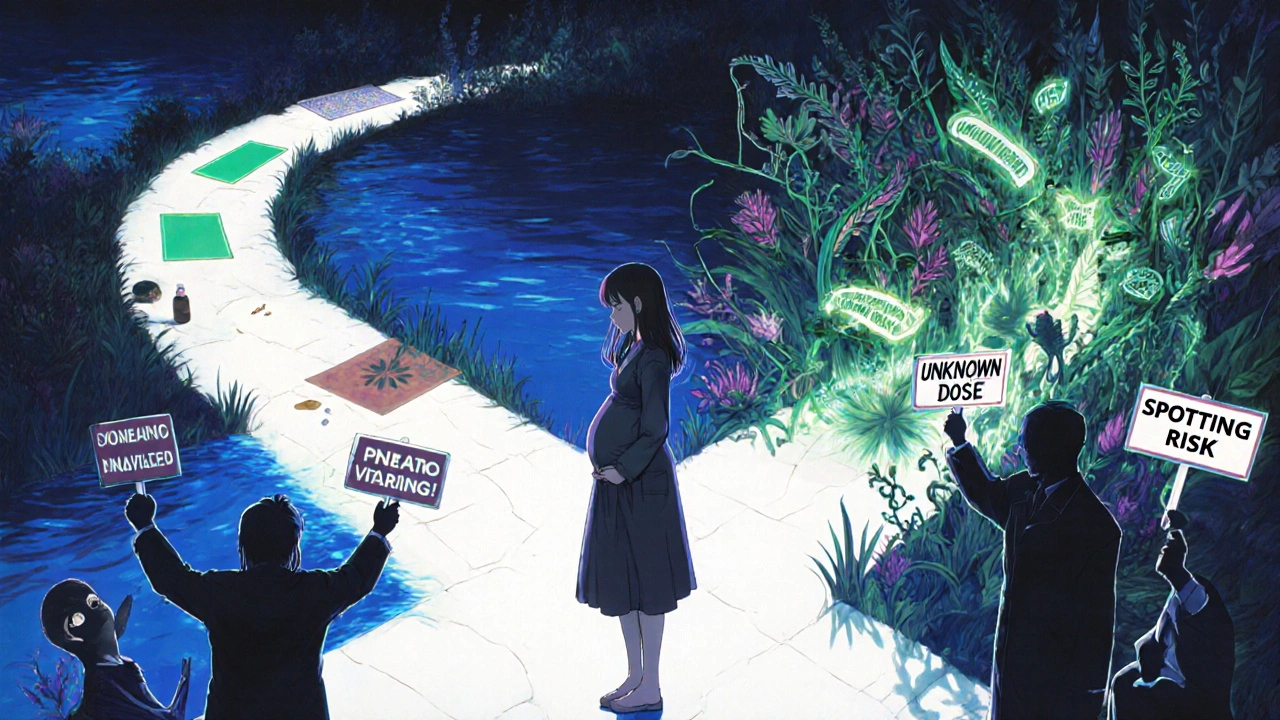 Pregnant woman at a crossroads: safe options on one side, dangerous herbs on the other with warning signs.
