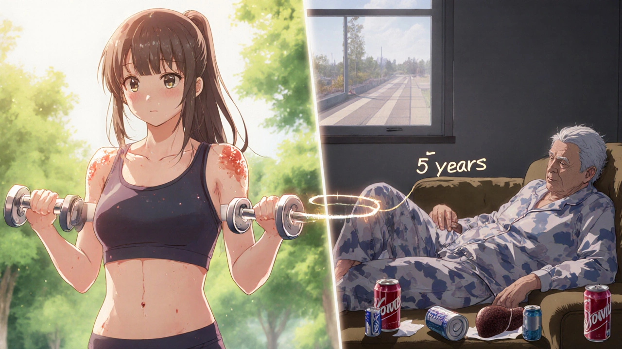 Split image of a healthy young woman exercising versus her sedentary future self, symbolizing metabolic decline over time.