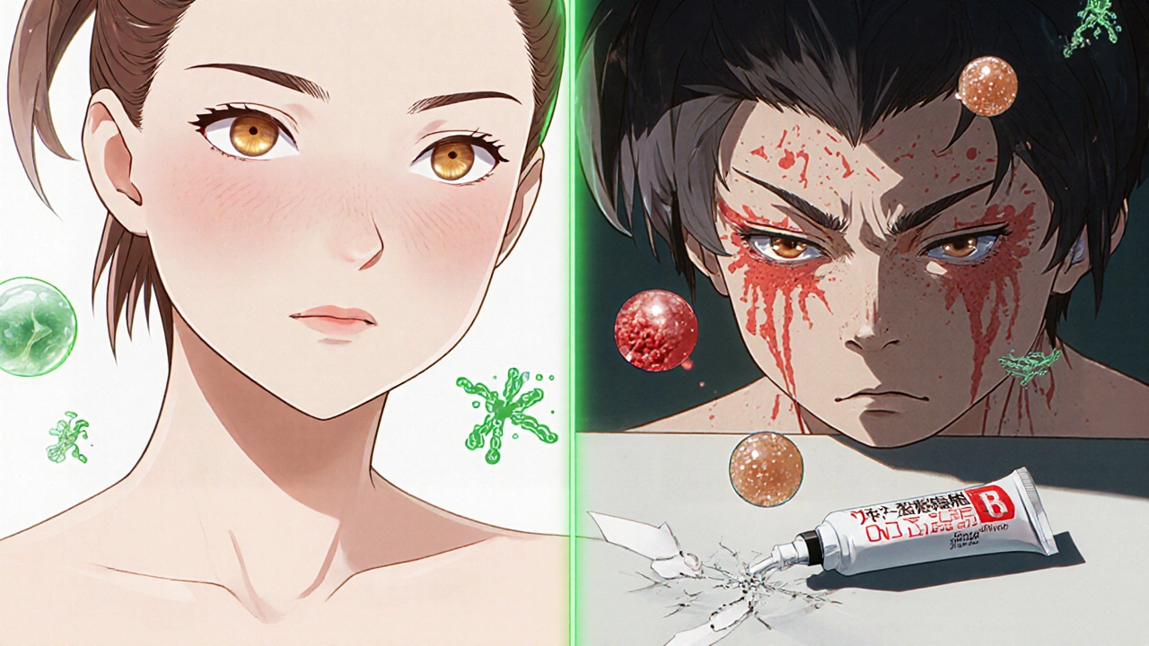 Split image showing calm skin versus steroid-induced acne with symbolic elements of skin damage.