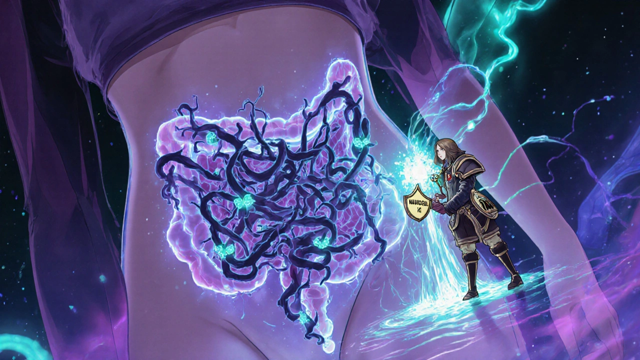 Surreal illustration of opioid molecules blocking gut nerves, countered by a glowing PAMORA warrior.