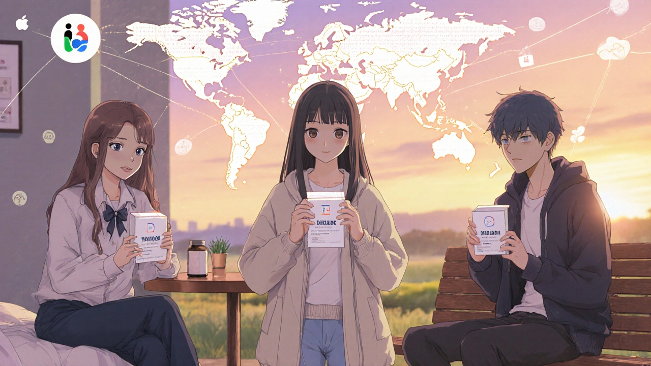 Three young people in different locations holding identical medication boxes, connected by glowing digital lines.