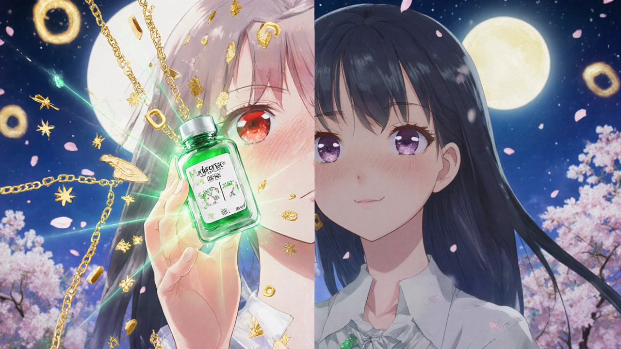 Woman holding glowing nalfurafine vial as itching symbols shatter around her.