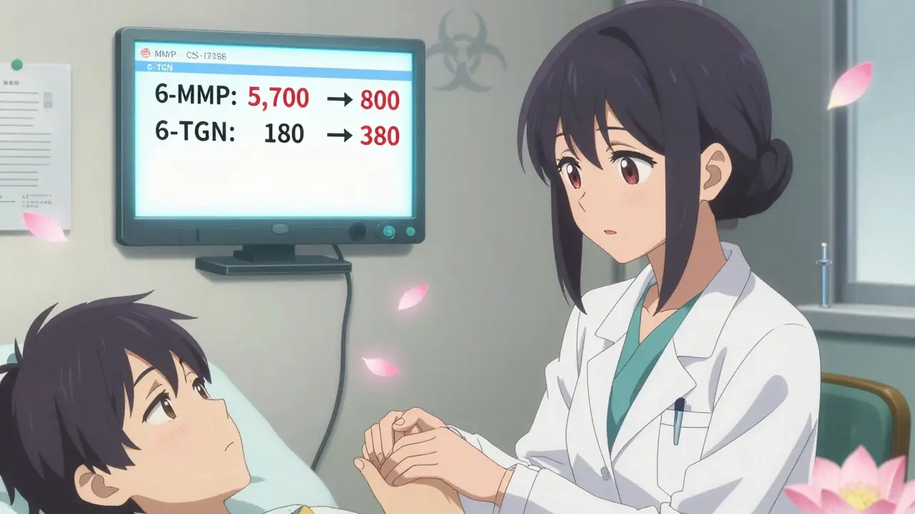 A doctor comforts a patient as digital blood test results show improvement from LDAA therapy.