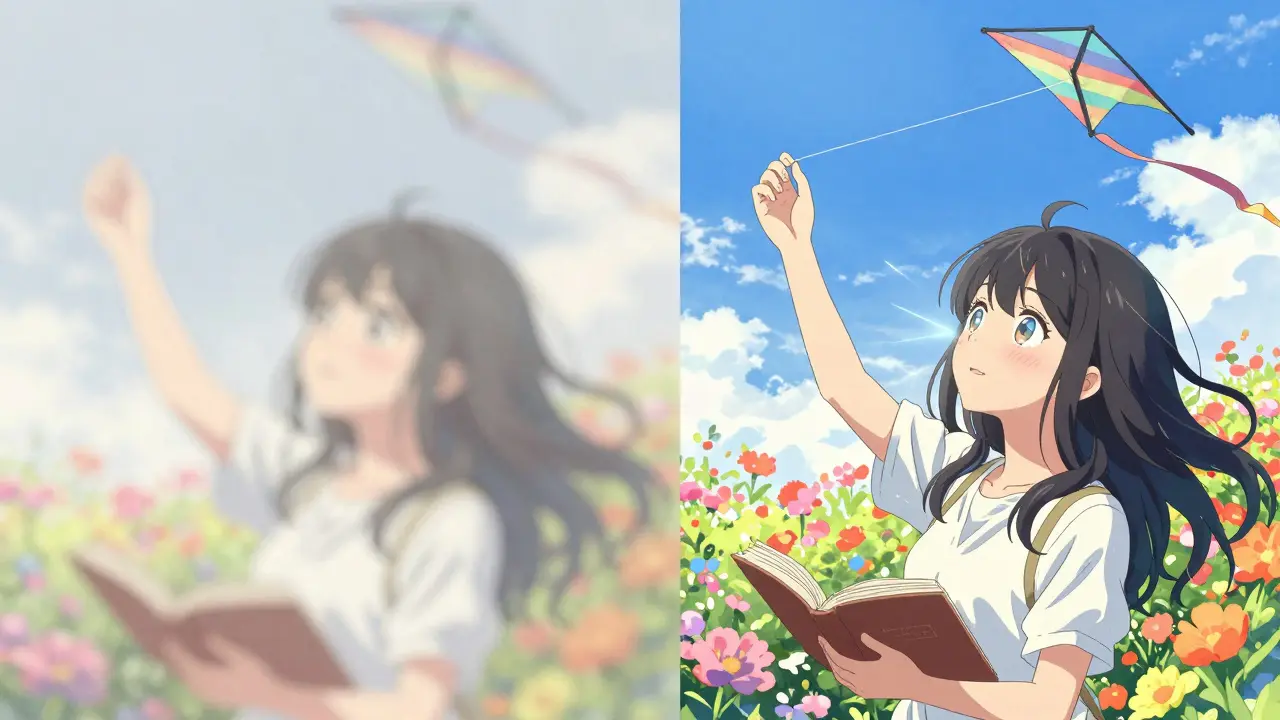 A girl's vision transforms from blurry gray world to vivid, colorful clarity with a kite in the sky.