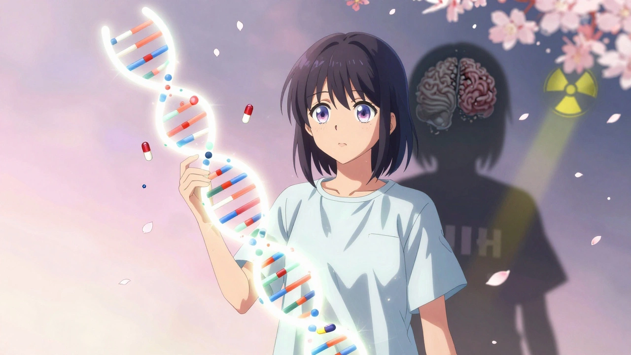A girl holding a DNA strand splitting into two paths representing different tumor outcomes with floating medicine orbs.