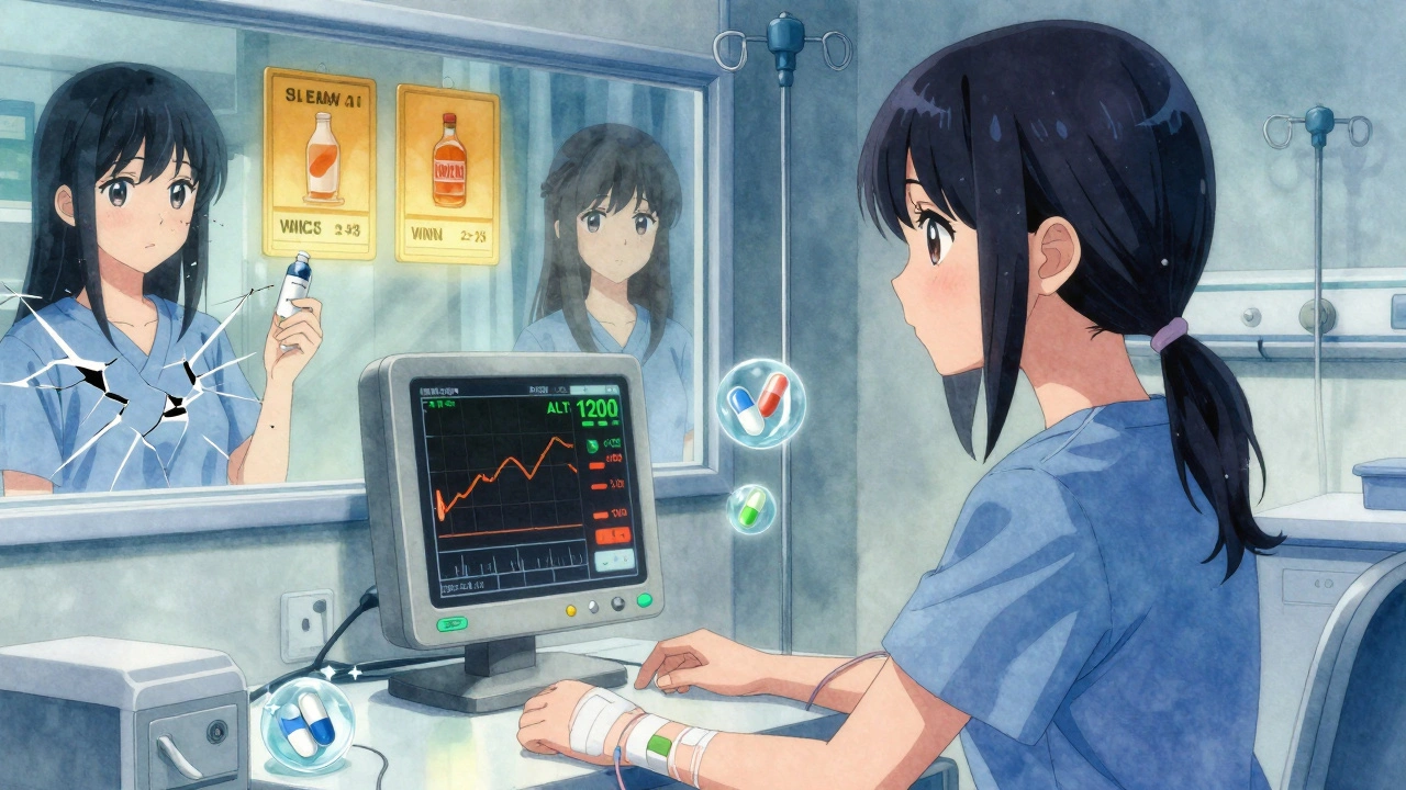 A girl in a hospital room stares at alarming liver test results, reflections of dangerous drug interactions around her.