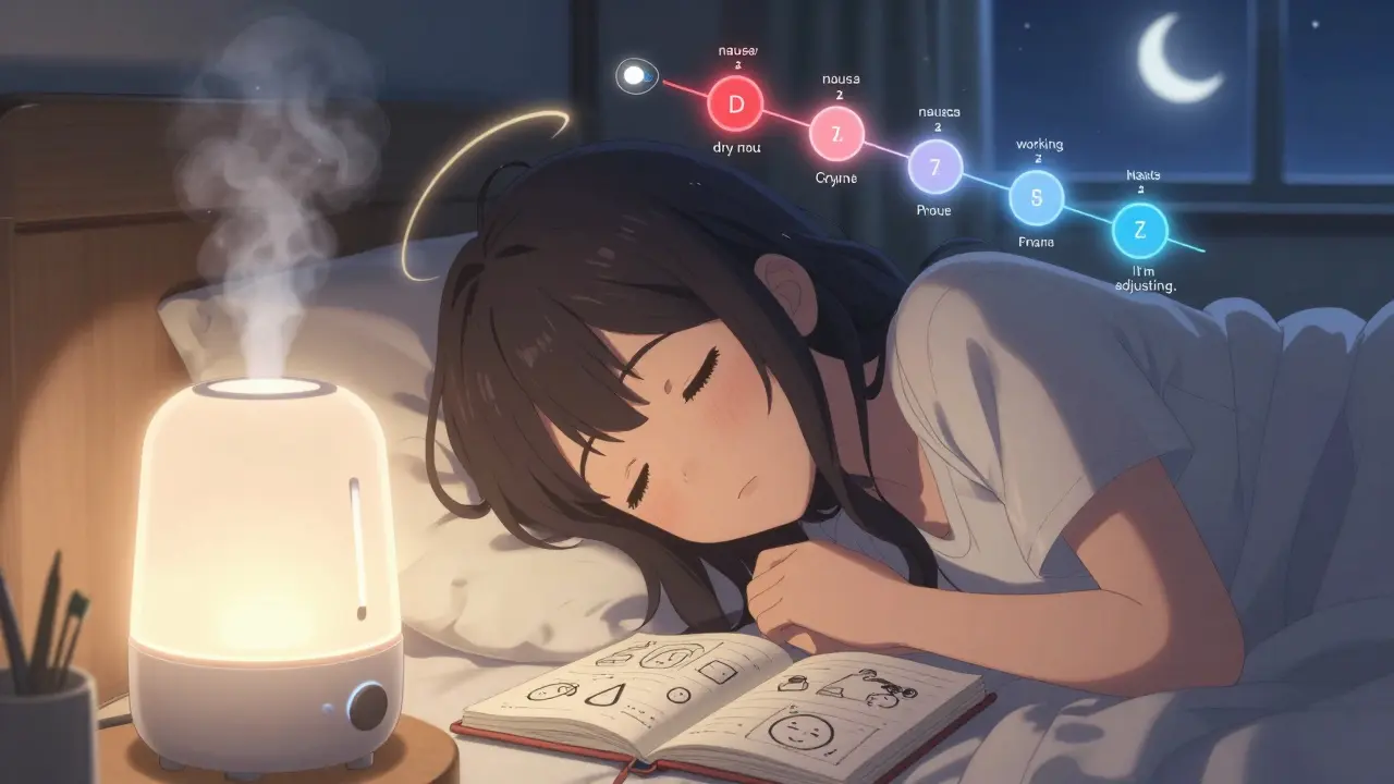 A girl journals at night with a humidifier nearby, tracking her improving side effects.