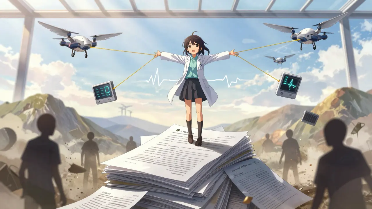 A girl stands atop documents with golden threads connecting devices to a patient's heartbeat.