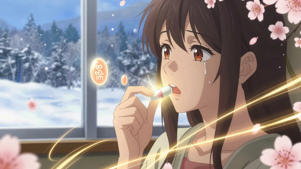 A girl swallows a glowing iodine capsule as golden radiation swirls around her like cherry blossoms in a quiet winter scene.