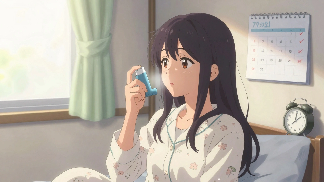 A girl using a blue maintenance inhaler beside her bed in the morning sunlight.
