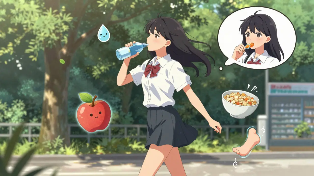 A girl walks in a park, sipping water and sucking on sour candy to relieve dry mouth.