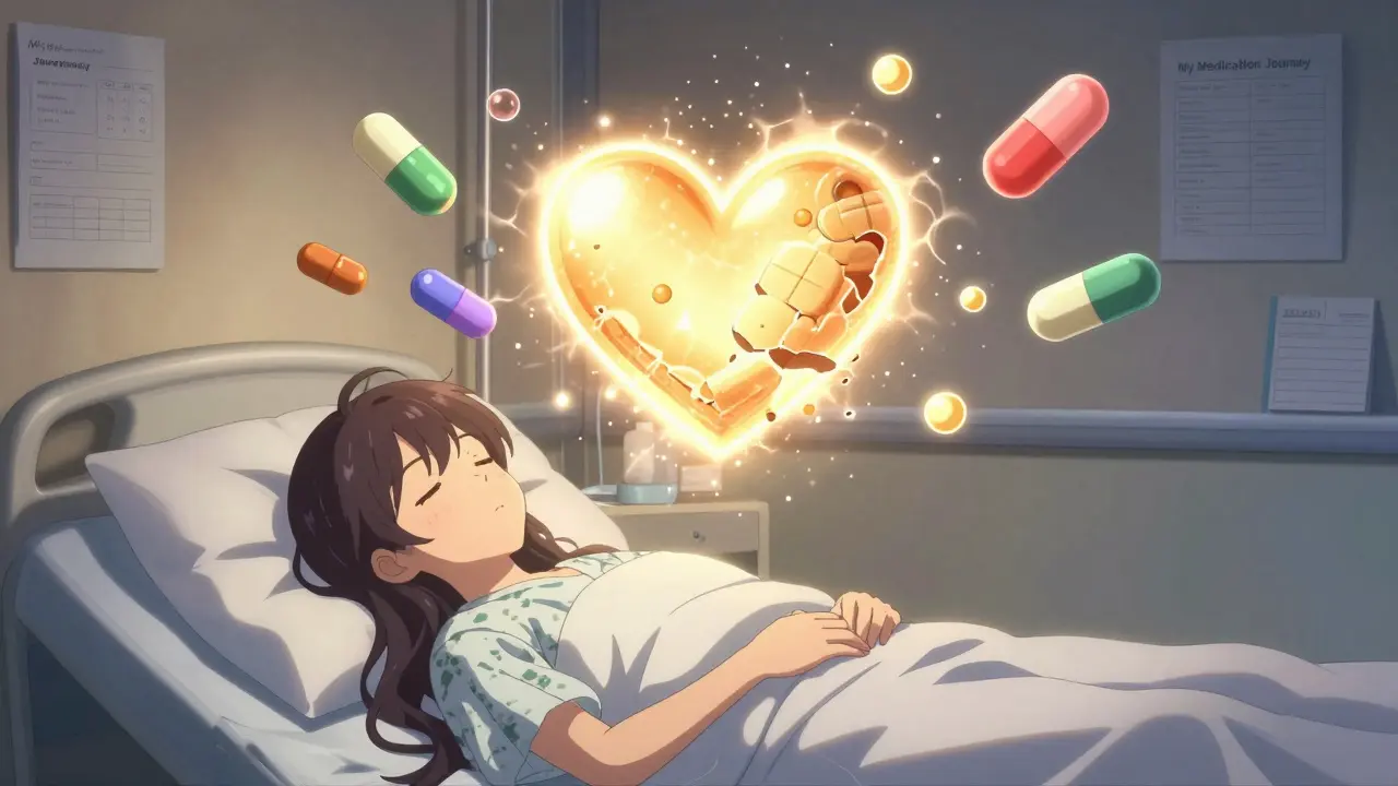 A glowing heart-shaped pill above a sleeping patient, with other pill shapes dissolving into one unified form.