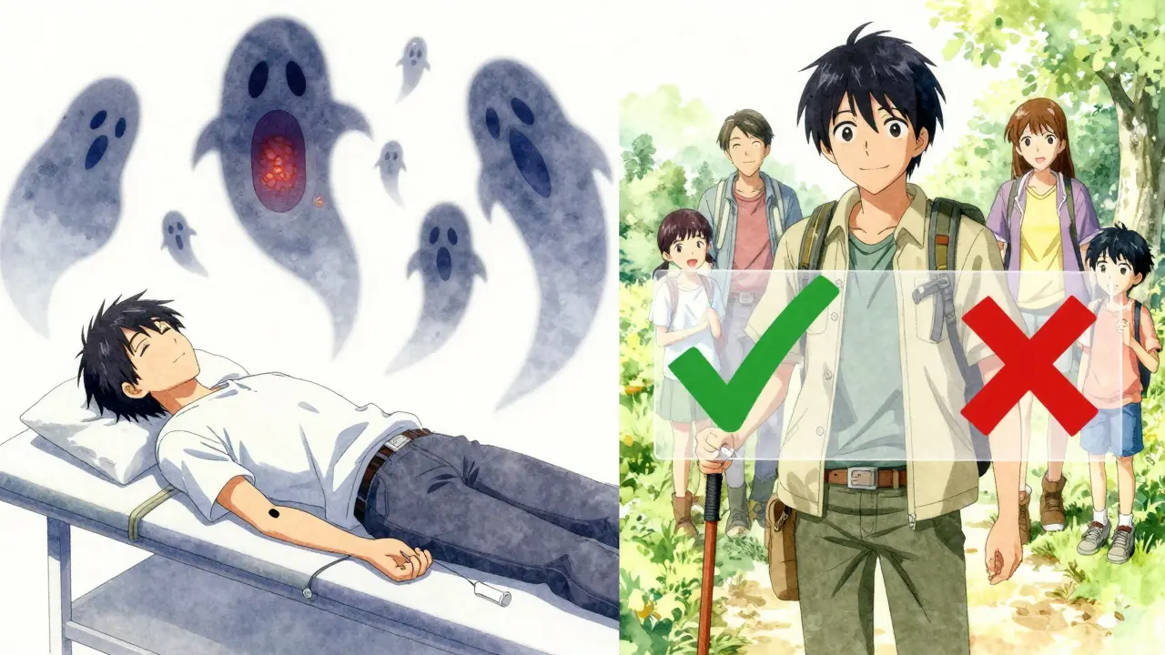 A man faces two paths: one with medical procedures and anxiety, the other with healthy life and family.