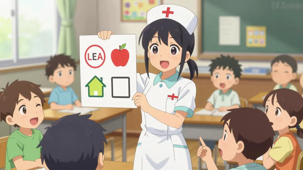 A nurse shows colorful symbols to preschoolers in a bright classroom during a vision screening.