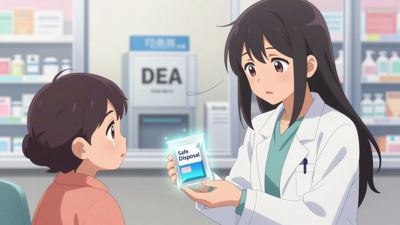 A pharmacist gives a child a safe disposal kit as grandmother watches with relief.