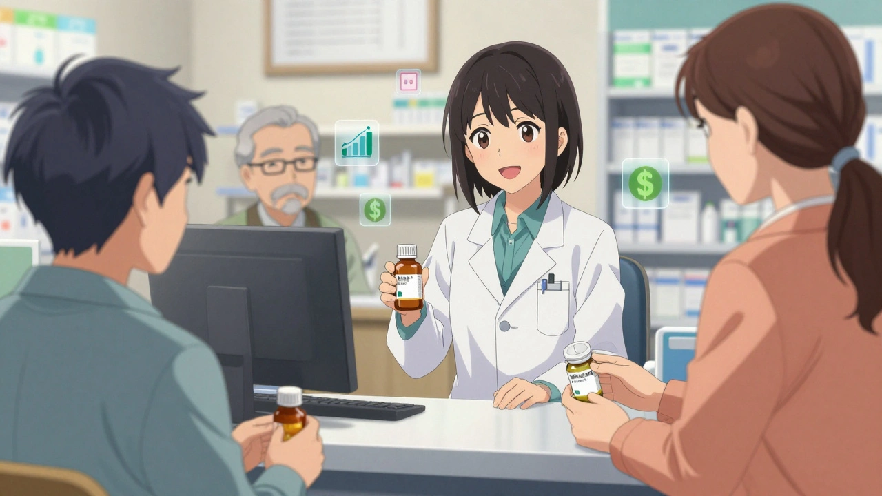 A pharmacist handing generic prescriptions to diverse patients in a warm, inviting pharmacy setting.