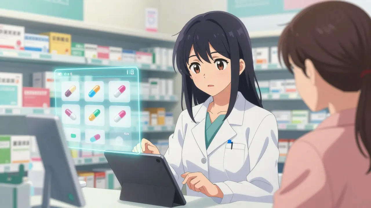 A pharmacist helping a patient identify a pill using a tablet app in a brightly lit pharmacy.