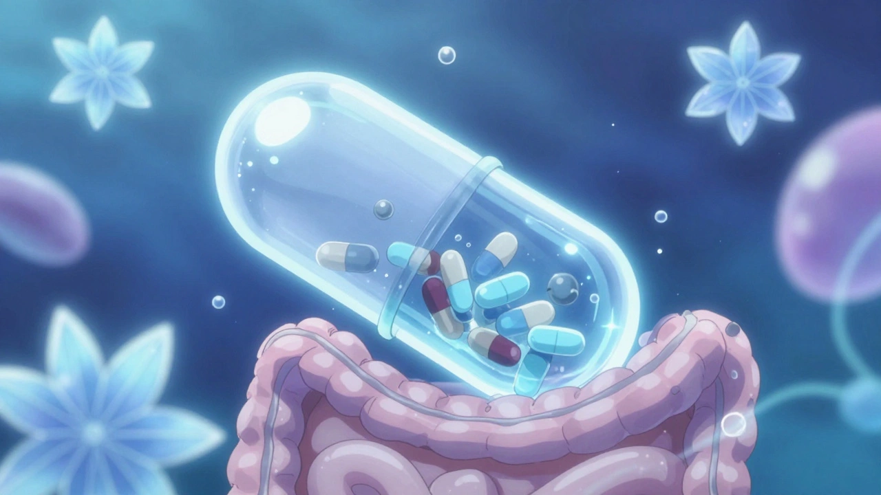 A stylized underwater view of lipid droplets absorbing drug molecules in the intestine.