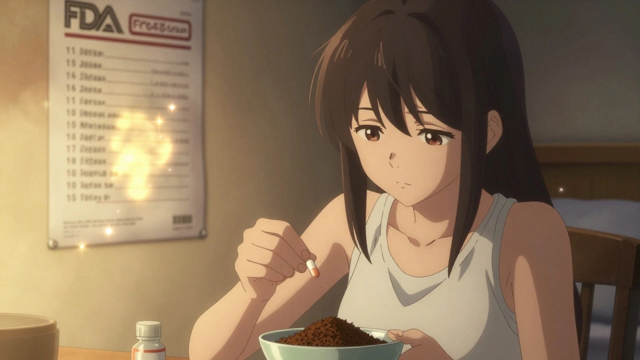 A teen mixes pills with coffee grounds, FDA flush list glowing on the wall.