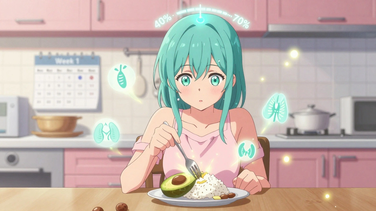 A woman eats a small meal as glowing energy and hormone icons rise around her, symbolizing metabolic recovery.