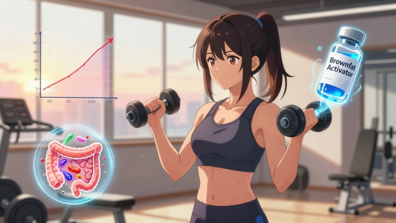A woman lifts weights in a sunlit gym, surrounded by scientific diagrams showing her metabolism rebounding.