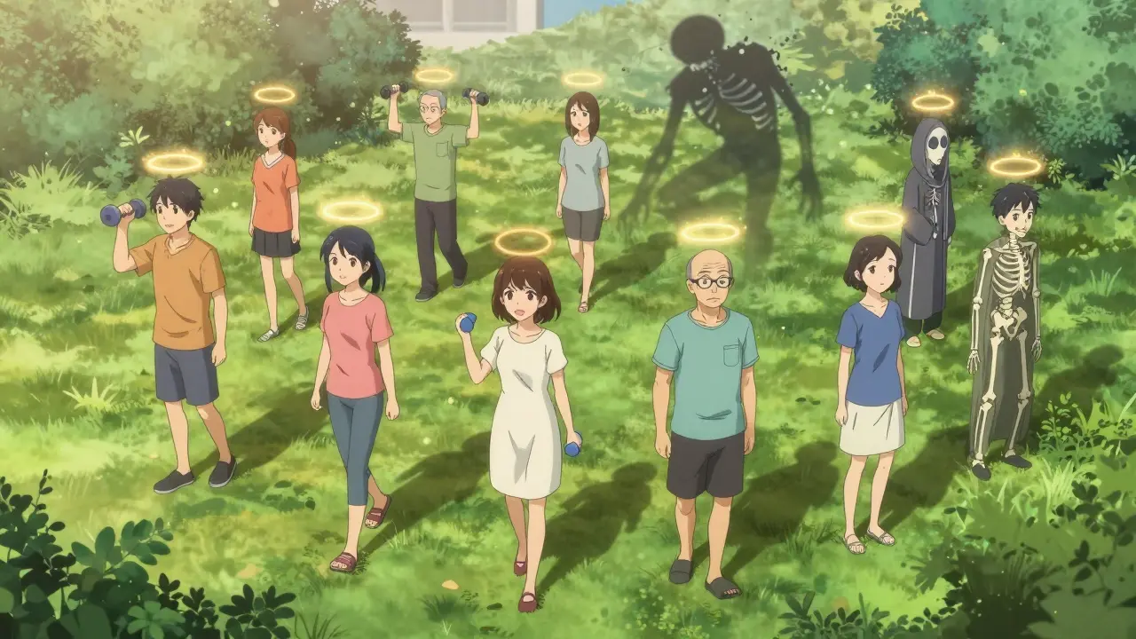 Diverse group exercising together with golden nutrient particles and strong skeletal shadows.