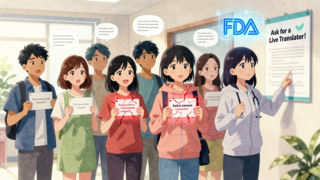 Diverse patients united by mistranslated labels, guided by a poster urging them to ask for help.