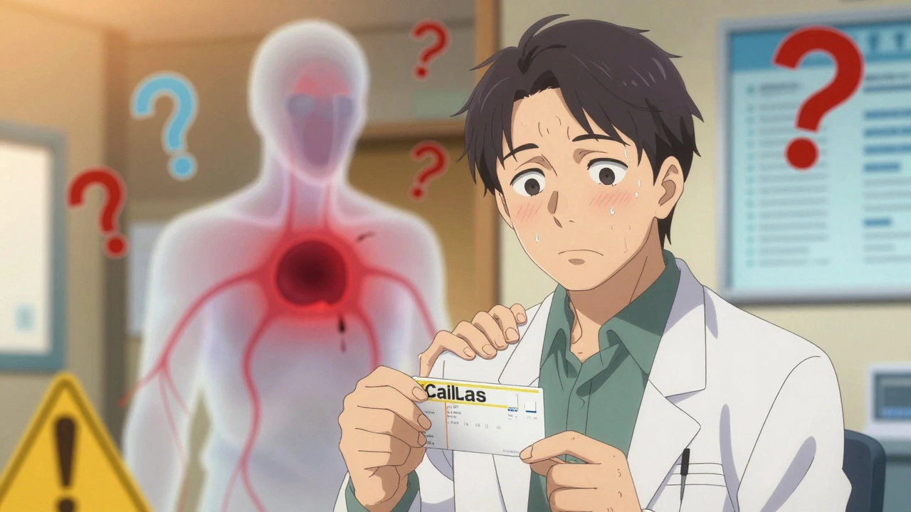 Doctor comforting man as translucent blood vessel collapses behind them in medical office.