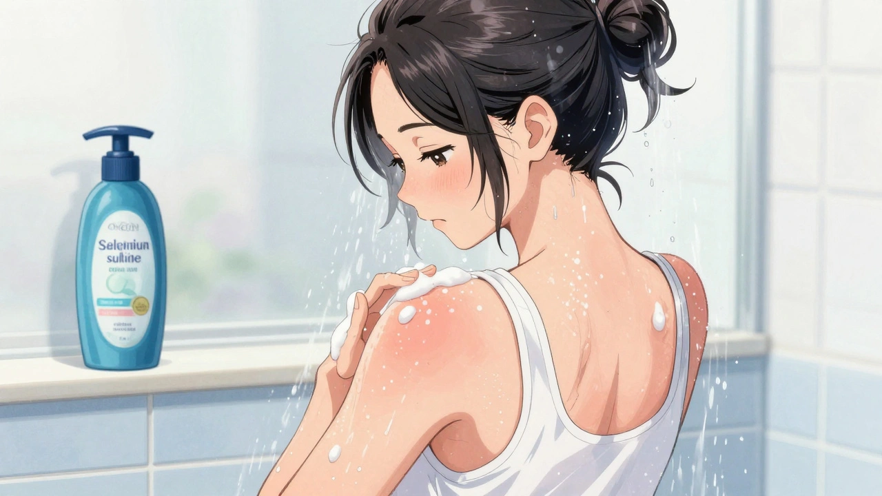 Female athlete showering, water running over her back with clusters of whiteheads visible, antifungal shampoo on the ledge.