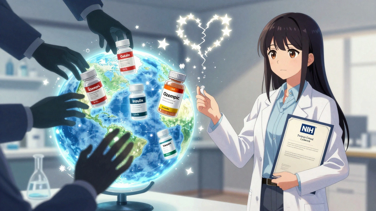 Globe showing drug prices with U.S. tags in red and other countries in green, scientist holding NIH grant.