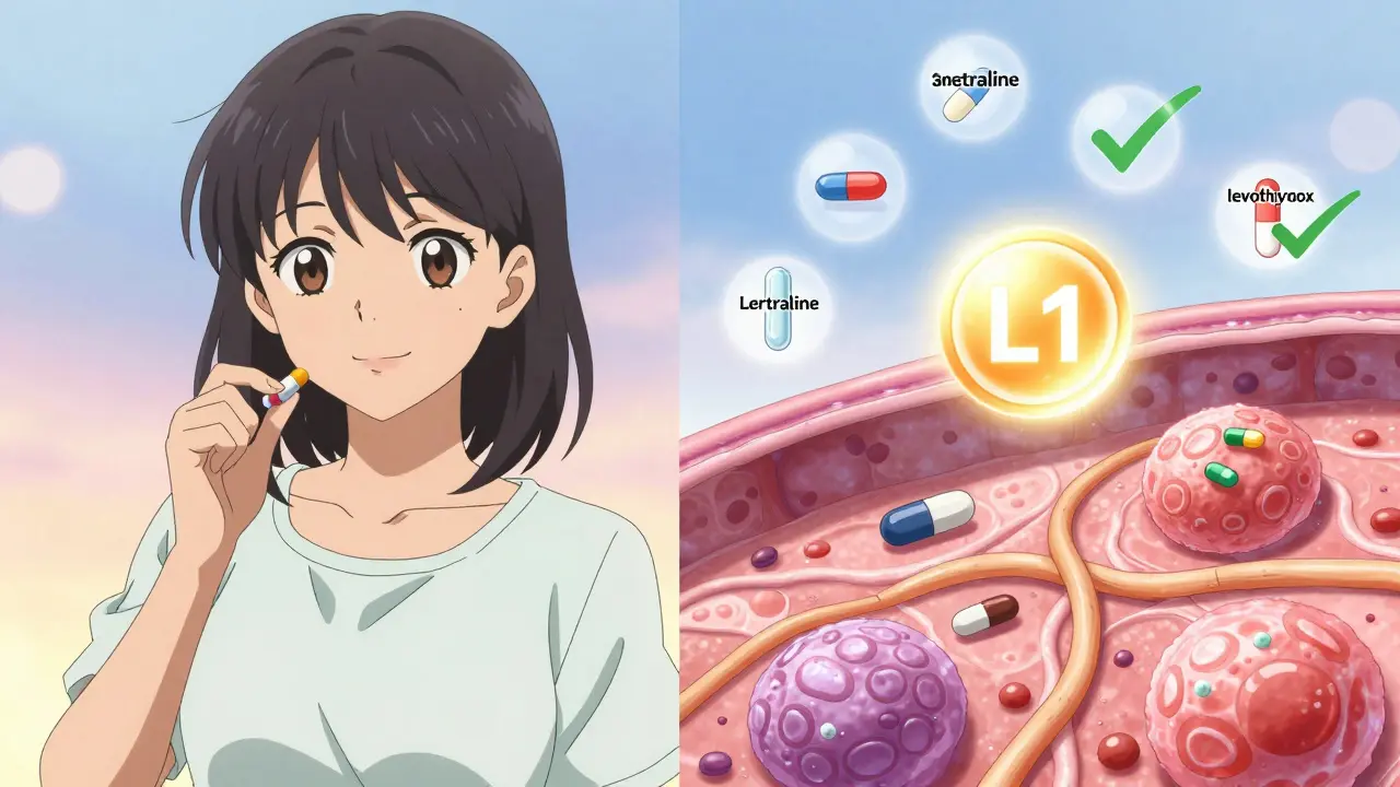 Microscopic view of drug molecules moving into breast milk with safety icons, anime style.